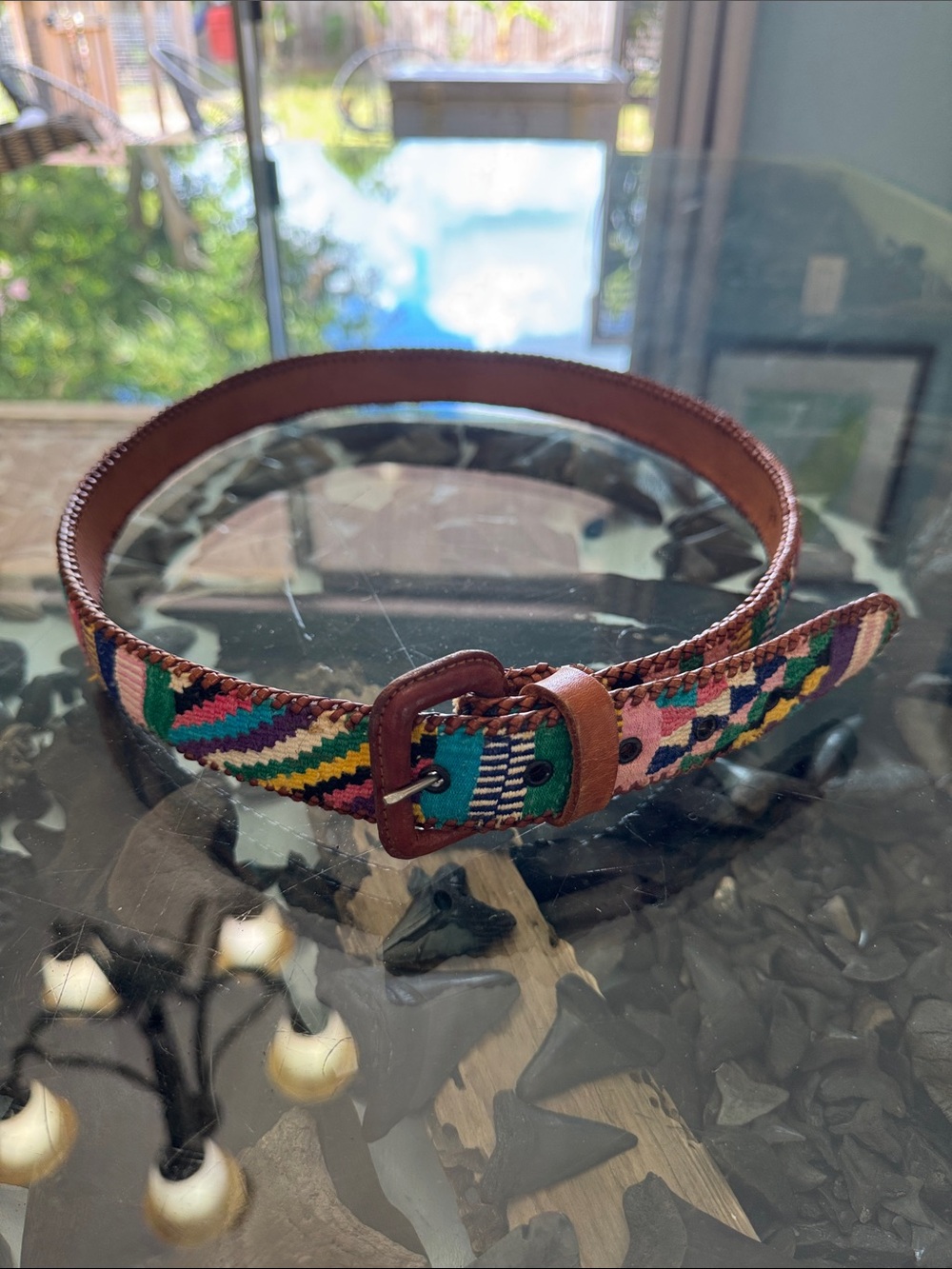 Woven Multicolor Patterned Women's Belt - Brown Trim